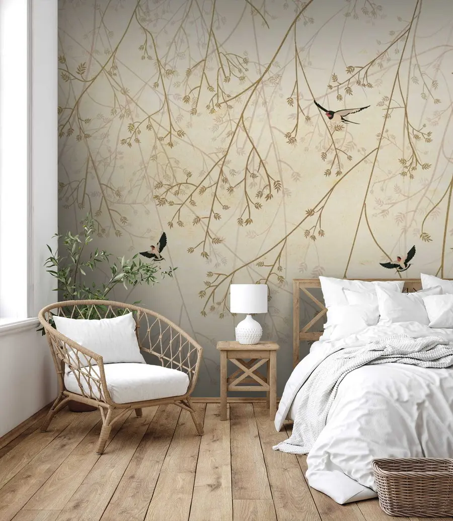 wall murals Ластавице међу гранама у деликатним нијансама у оријенталном стилу u79623