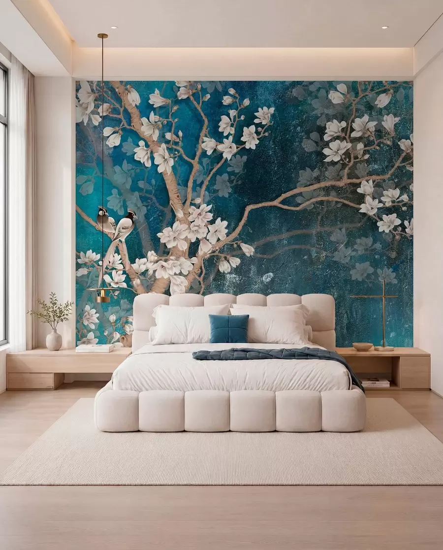 wall murals Ptice i cvjetovi na plavoj u12150