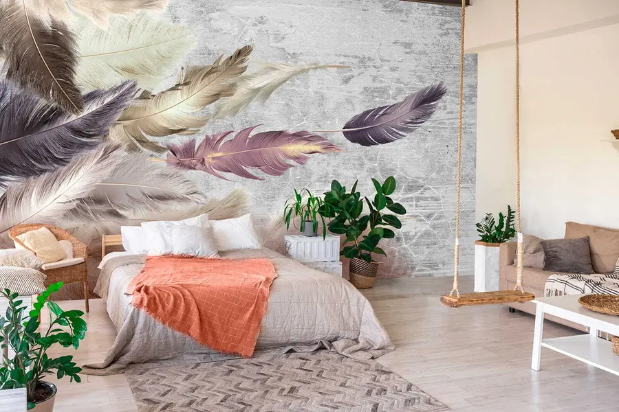 wall murals Перје у боји на бетонском зиду u21165