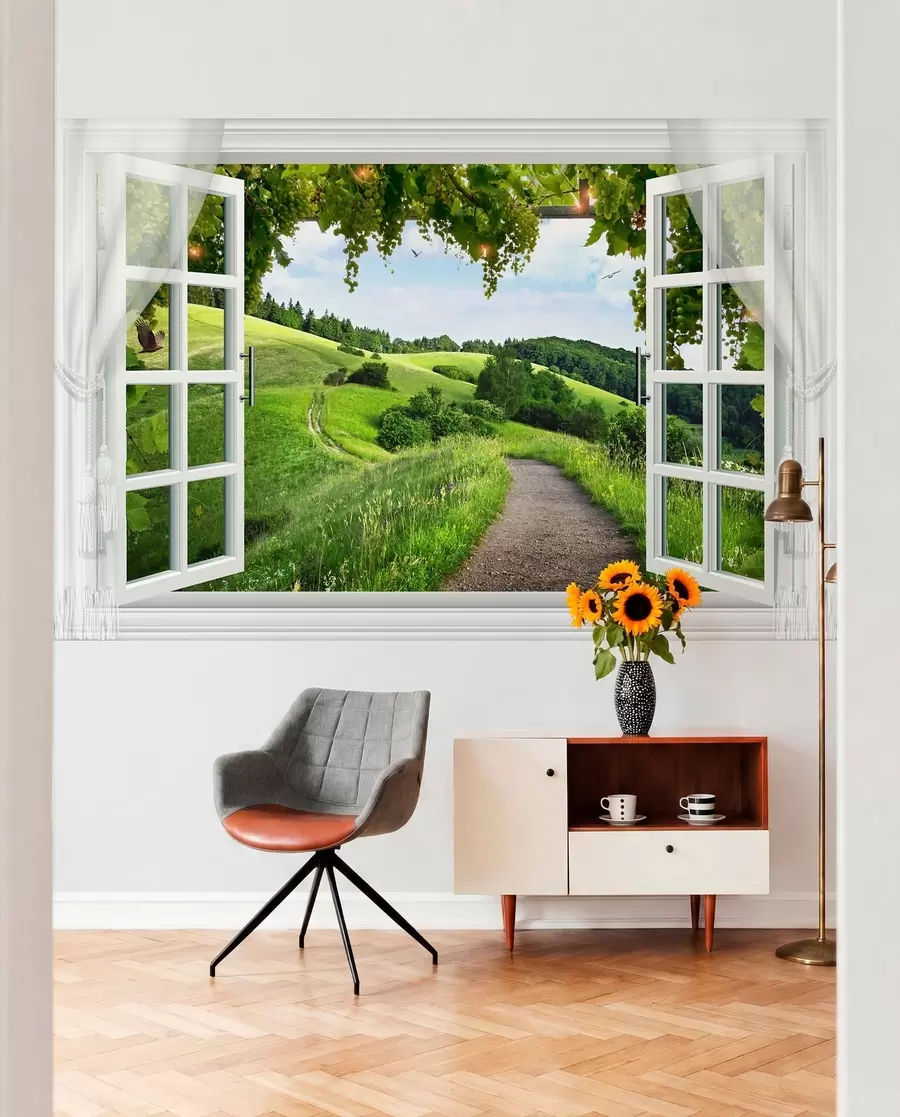 wall murals Prozor ka zelenim brdima u28196