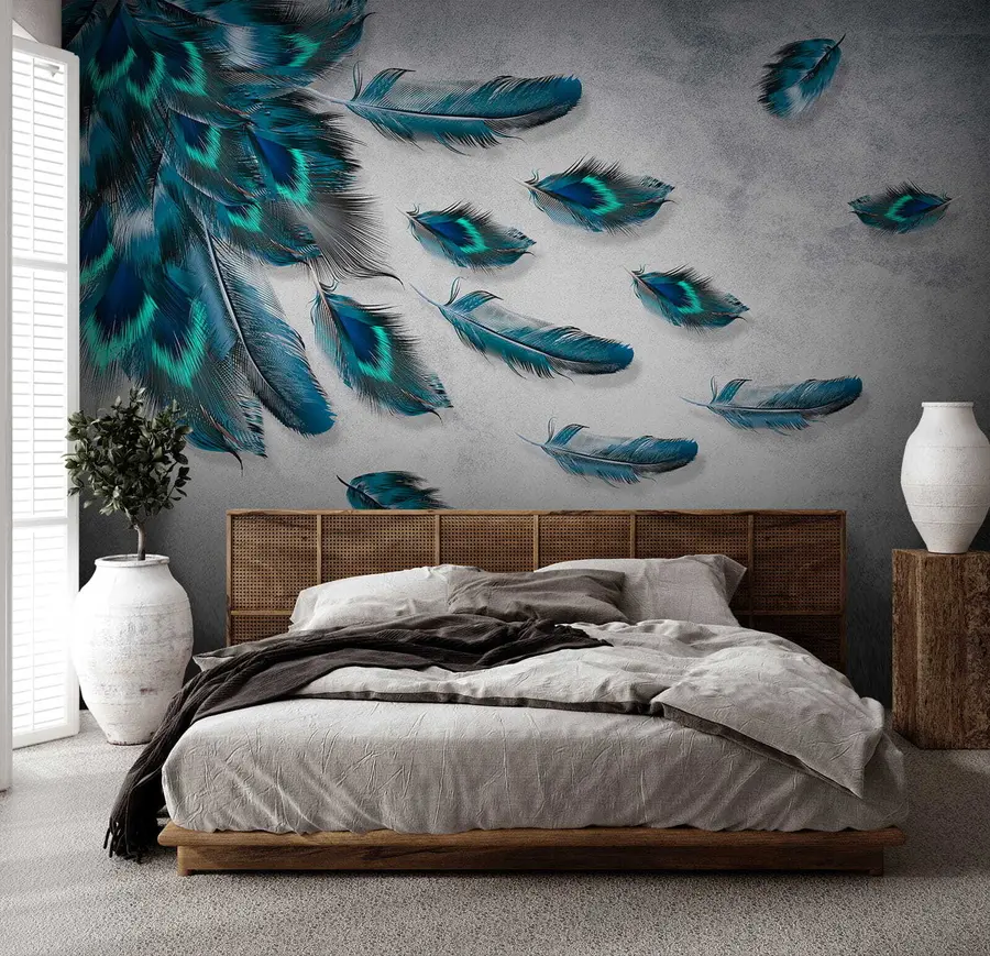 wall murals Пеацоцк перје на позадини бетонског зида u29836
