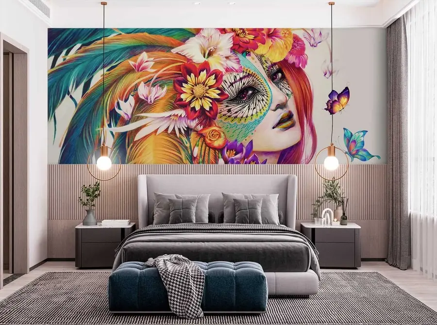 wall murals Девојка са перјем и цвећем u46277