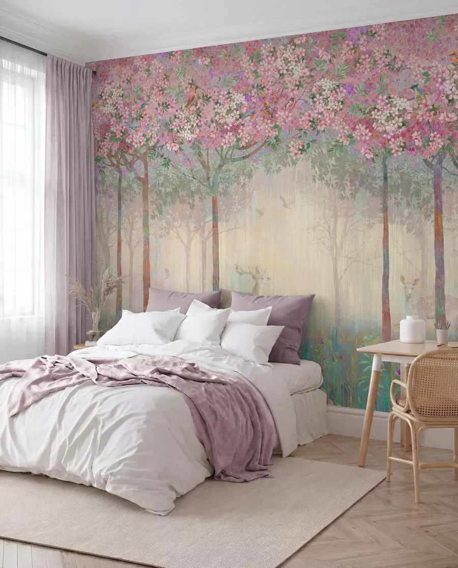 wall murals Jeleni u procvjetaloj šumi u62100