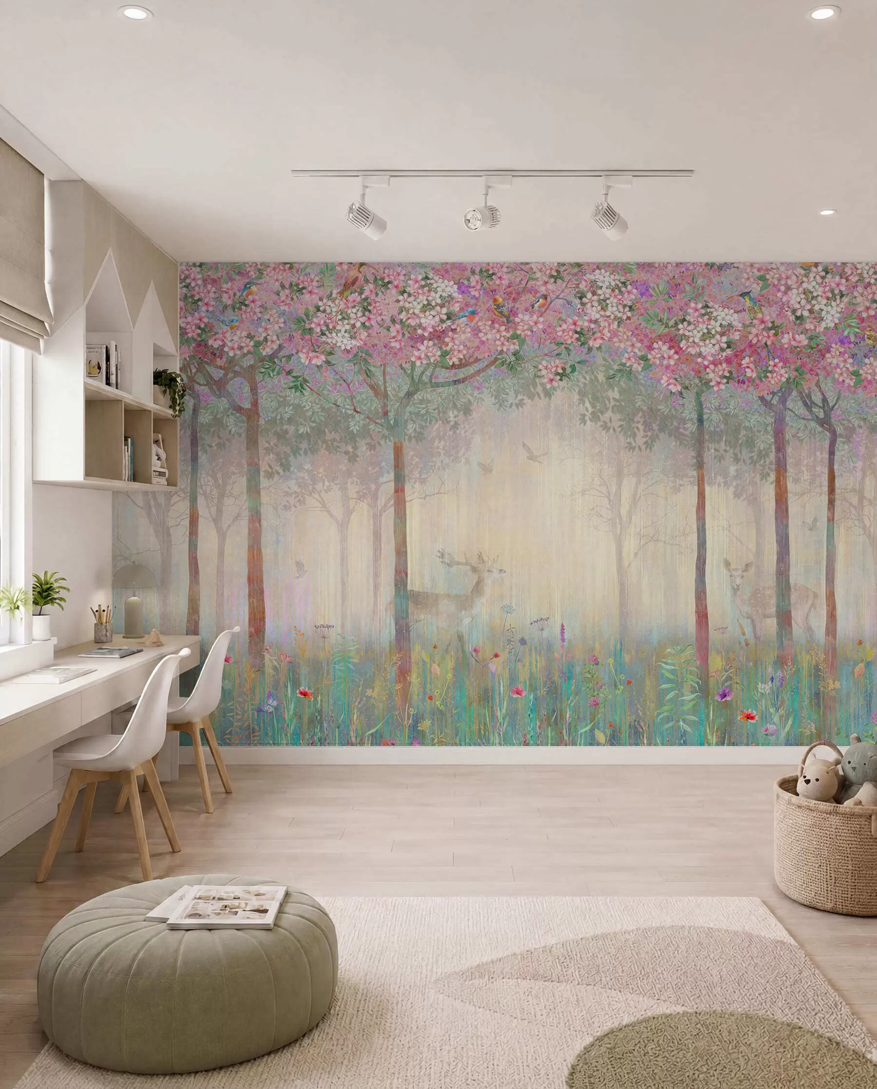 wall murals Jeleni u procvjetaloj šumi u62100