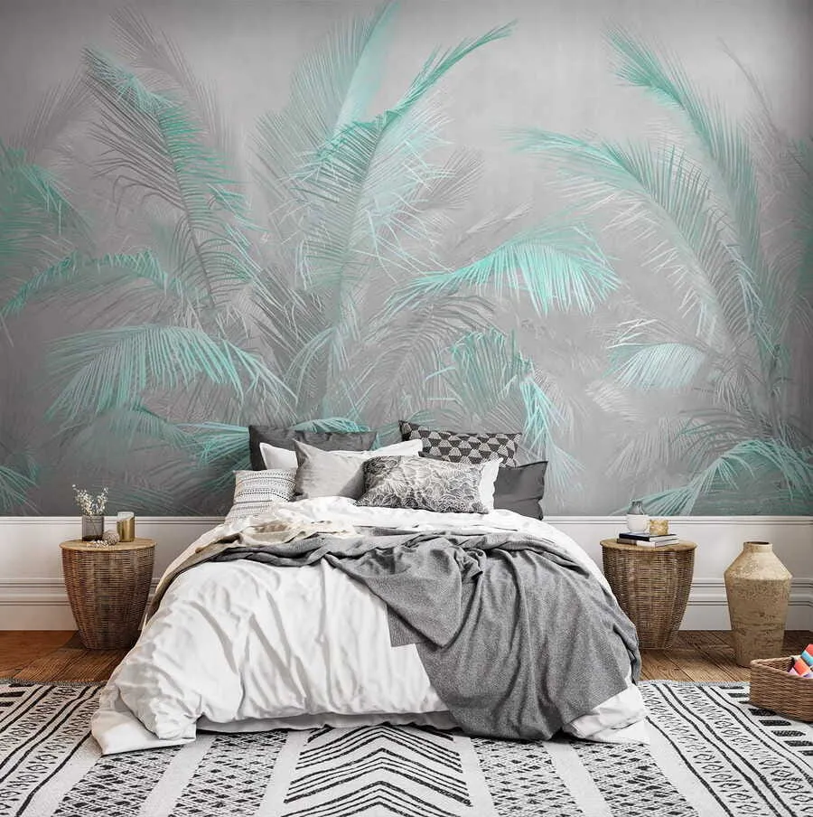 wall murals Тиркизно лишће на сивој позадини u78557