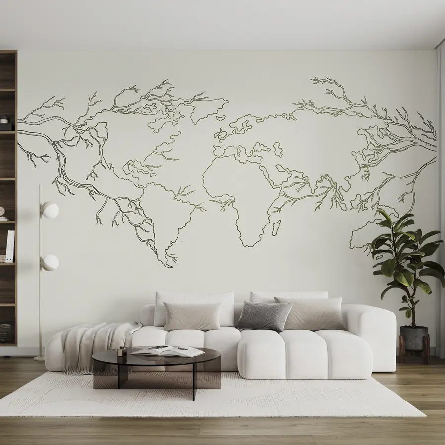 wall murals Мапа света, гране дрвећа, цртање линија, минимализам, природа, зелено u99731v1
