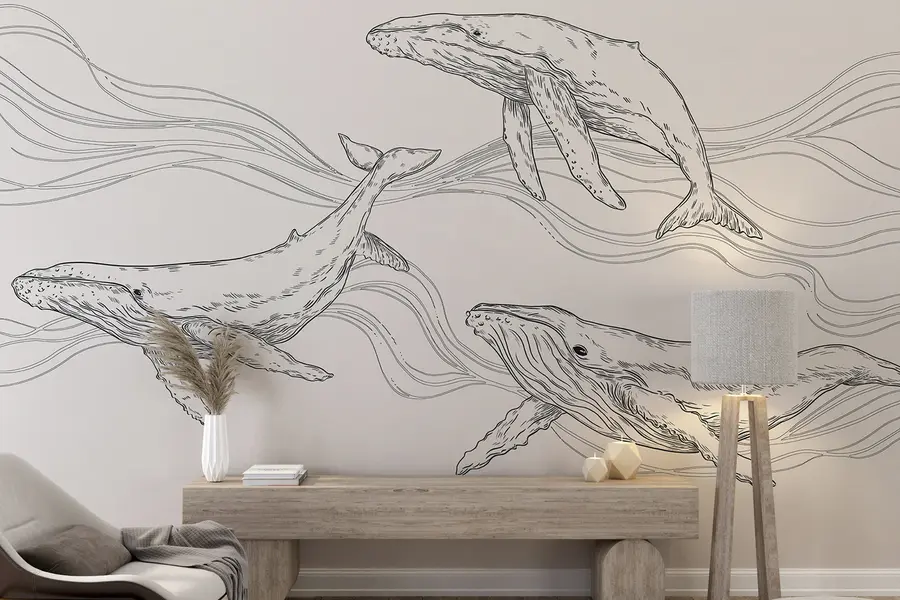 wall murals Китови у океану, морске животиње, линијска уметност, минимализам, црно-беле боје u99733v4