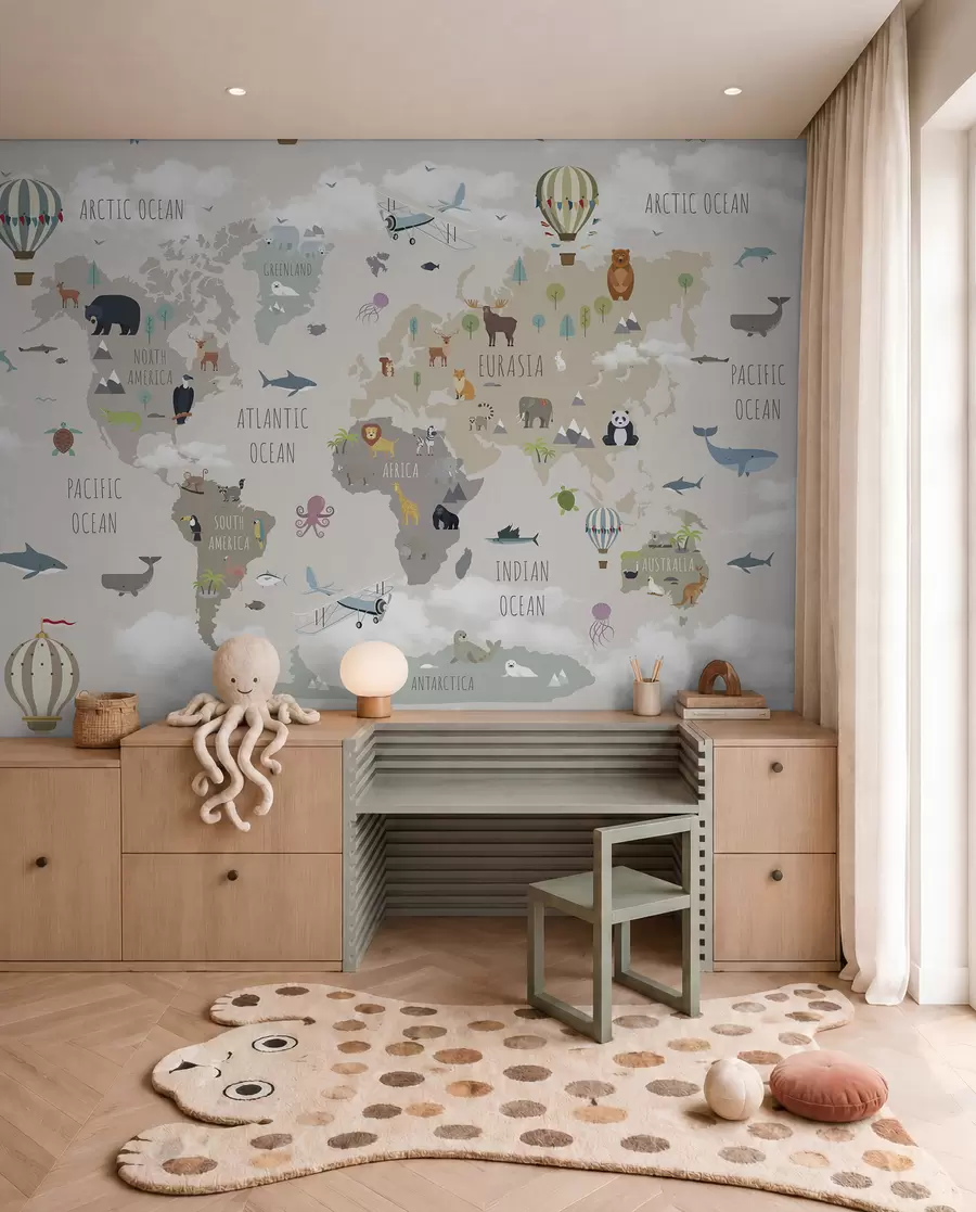 Fototapeta „Mapa svijeta sa životinjama i balonima“, u96461d1