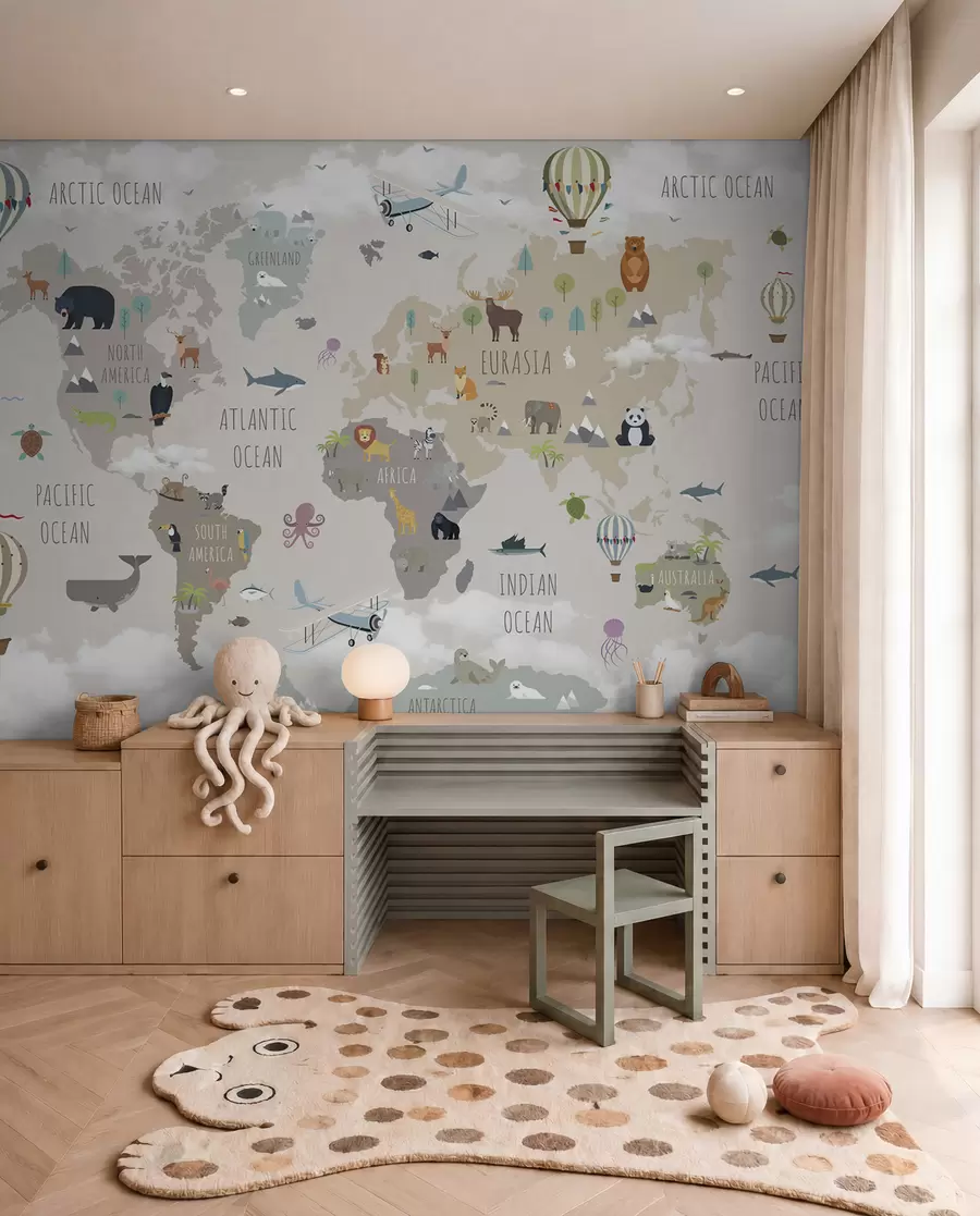 Fototapeta „Mapa svijeta sa životinjama i balonima“, u96461d2