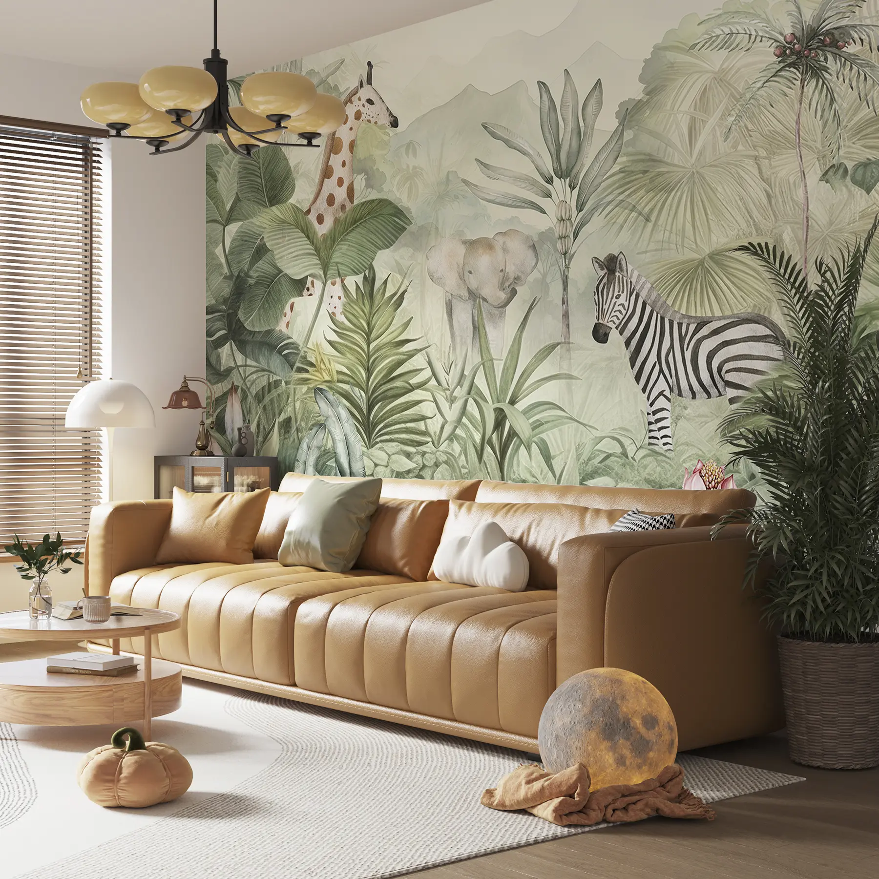 wall murals Шума џунгле, палме, жирафа, слон, зебра, акварел, зеленило, дрво банане, цвеће w00089