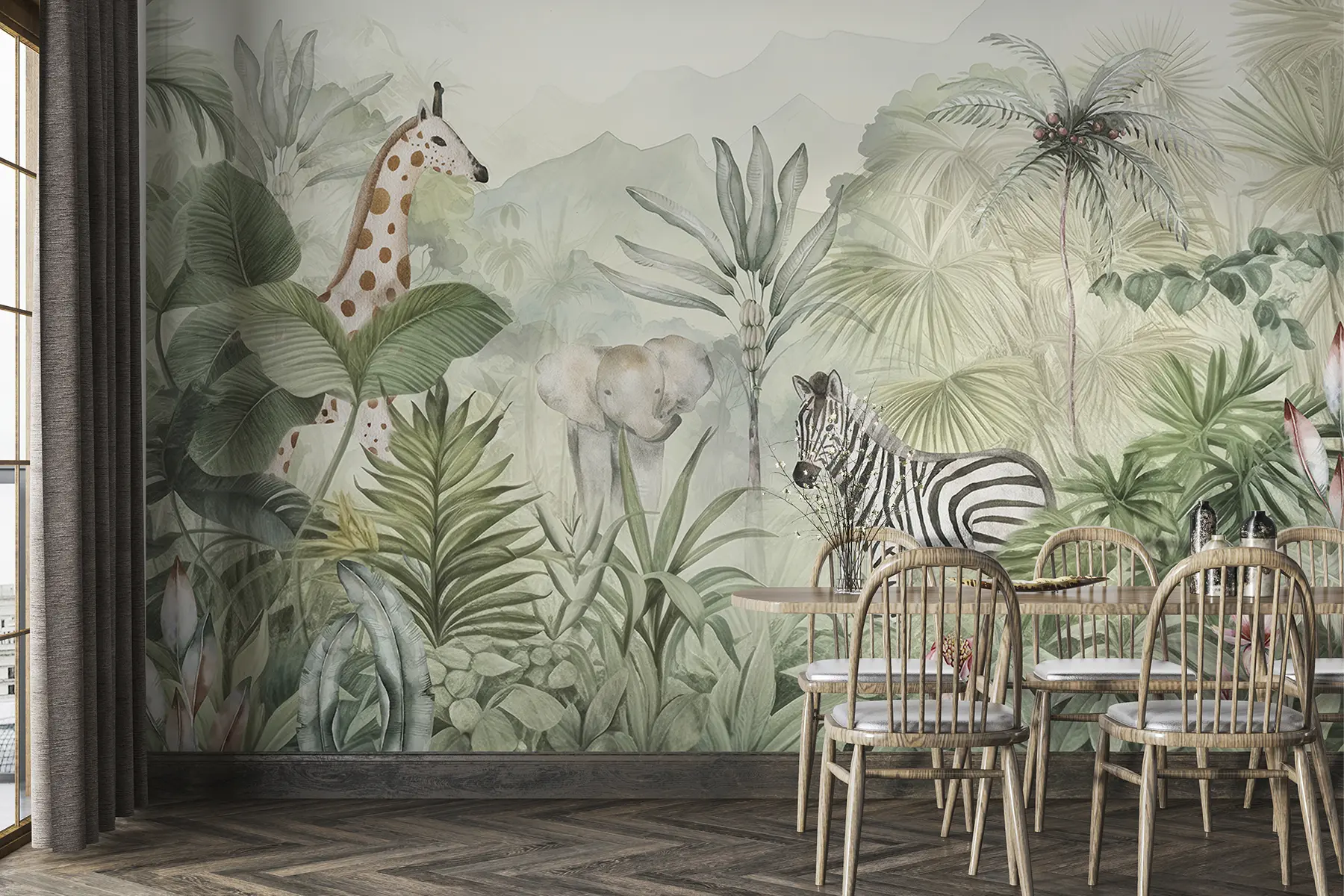 wall murals Шума џунгле, палме, жирафа, слон, зебра, акварел, зеленило, дрво банане, цвеће w00089