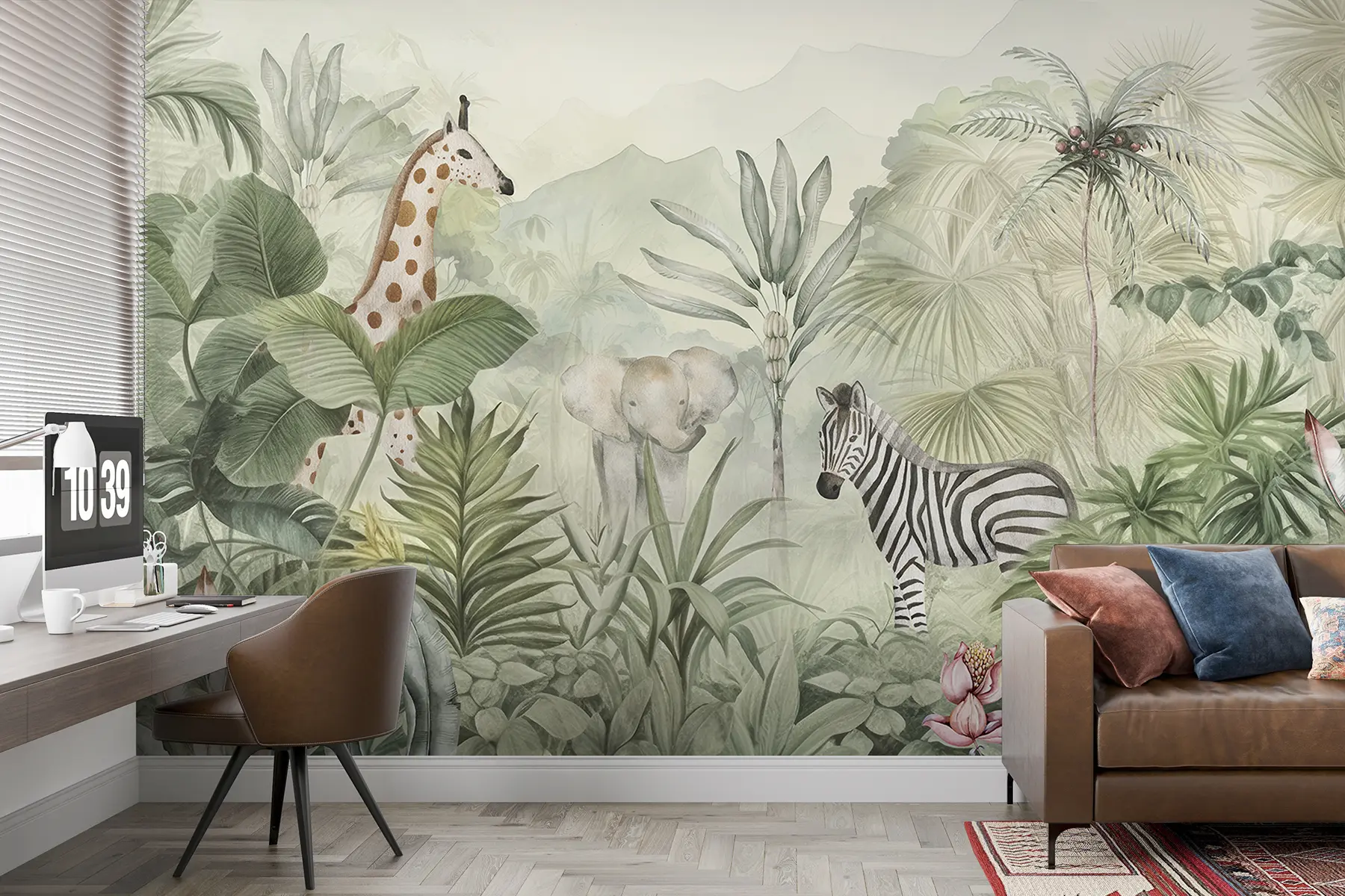 wall murals Шума џунгле, палме, жирафа, слон, зебра, акварел, зеленило, дрво банане, цвеће w00089