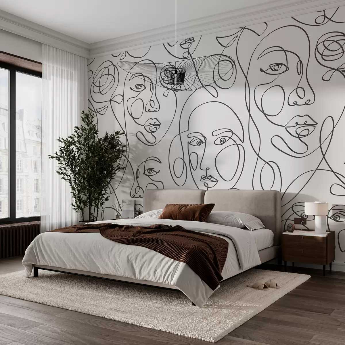 wall murals Силуете лица људи, графичке линије у бохо стилу, нови тренд w00130