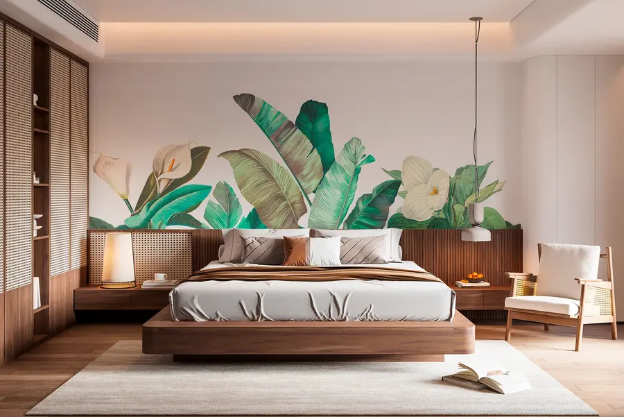 wall murals Модерно тропско лишће са шареним цвећем w00186v1
