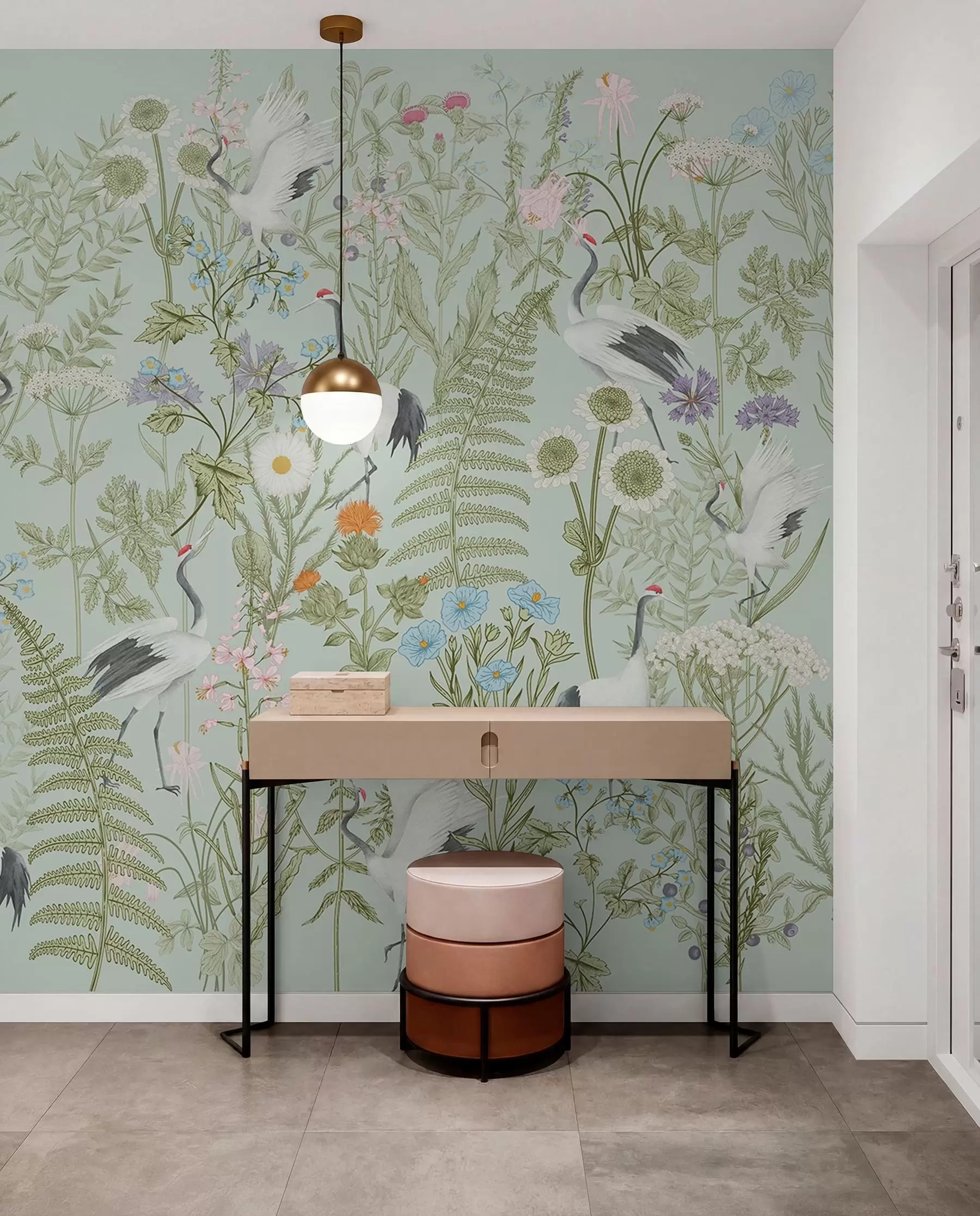 wall murals Орнамент цвећа са птицама, рустикални стил, ботанички, ливада, плава позадина w00380v4