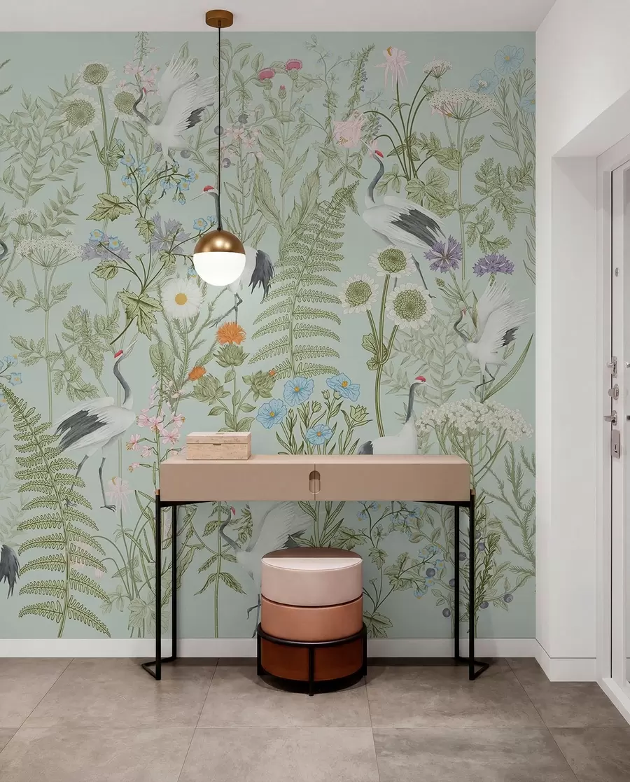 wall murals Орнамент цвећа са птицама, рустикални стил, ботанички, ливада, плава позадина w00380v4