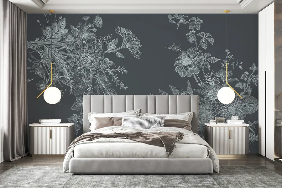 wall murals Цветни орнамент, минимализам, уметност линија, бохо стил, рустикални, божур, тратинчица, тамно плава позадина  w00381v1