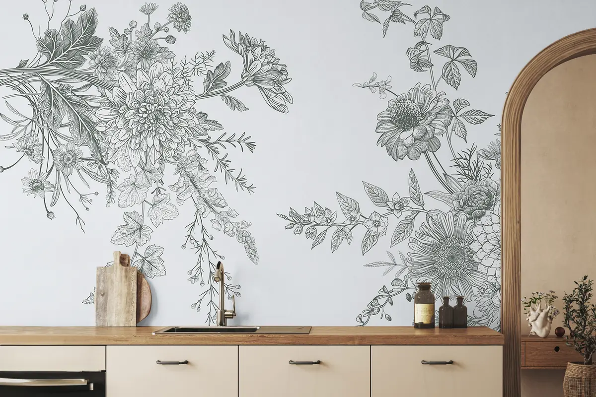 wall murals Цветни орнамент, минимализам, уметност линија, бохо стил, рустикални, божур, тратинчица, плаве боје, ливада w00381v3
