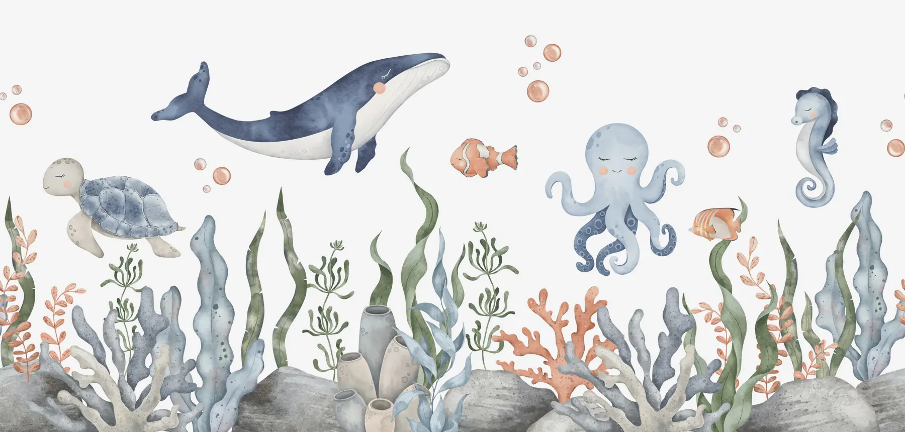 wall murals Подводни свет са китом, хоботницом, корњачом w00383