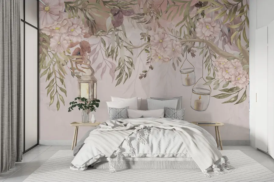 wall murals Нежно цвеће и зелене гране које висе надоле w00384