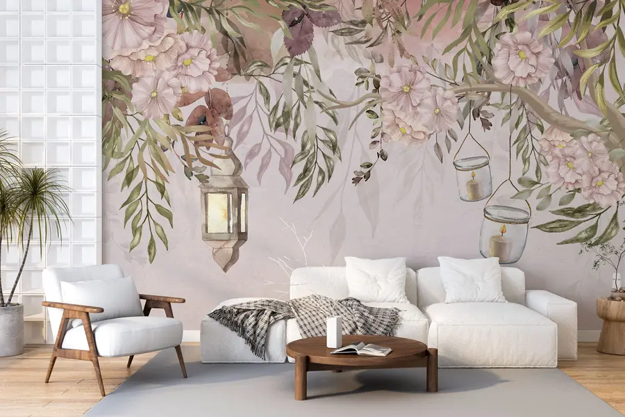 wall murals Нежно цвеће и зелене гране које висе надоле w00384