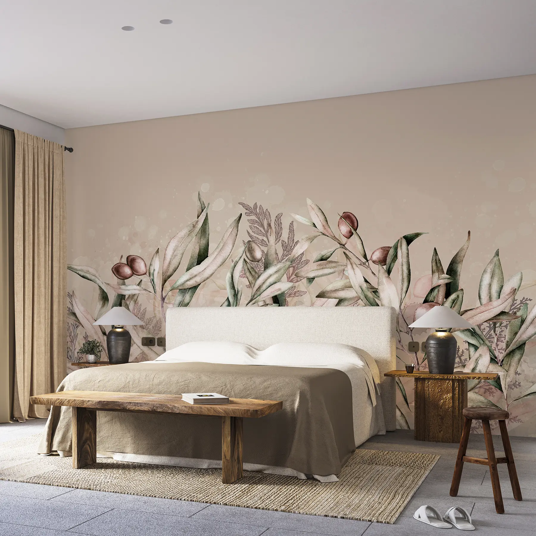 wall murals Илустрација маслина, цветни дизајн, тропска, акварел, велики листови, беж боје w00407v1