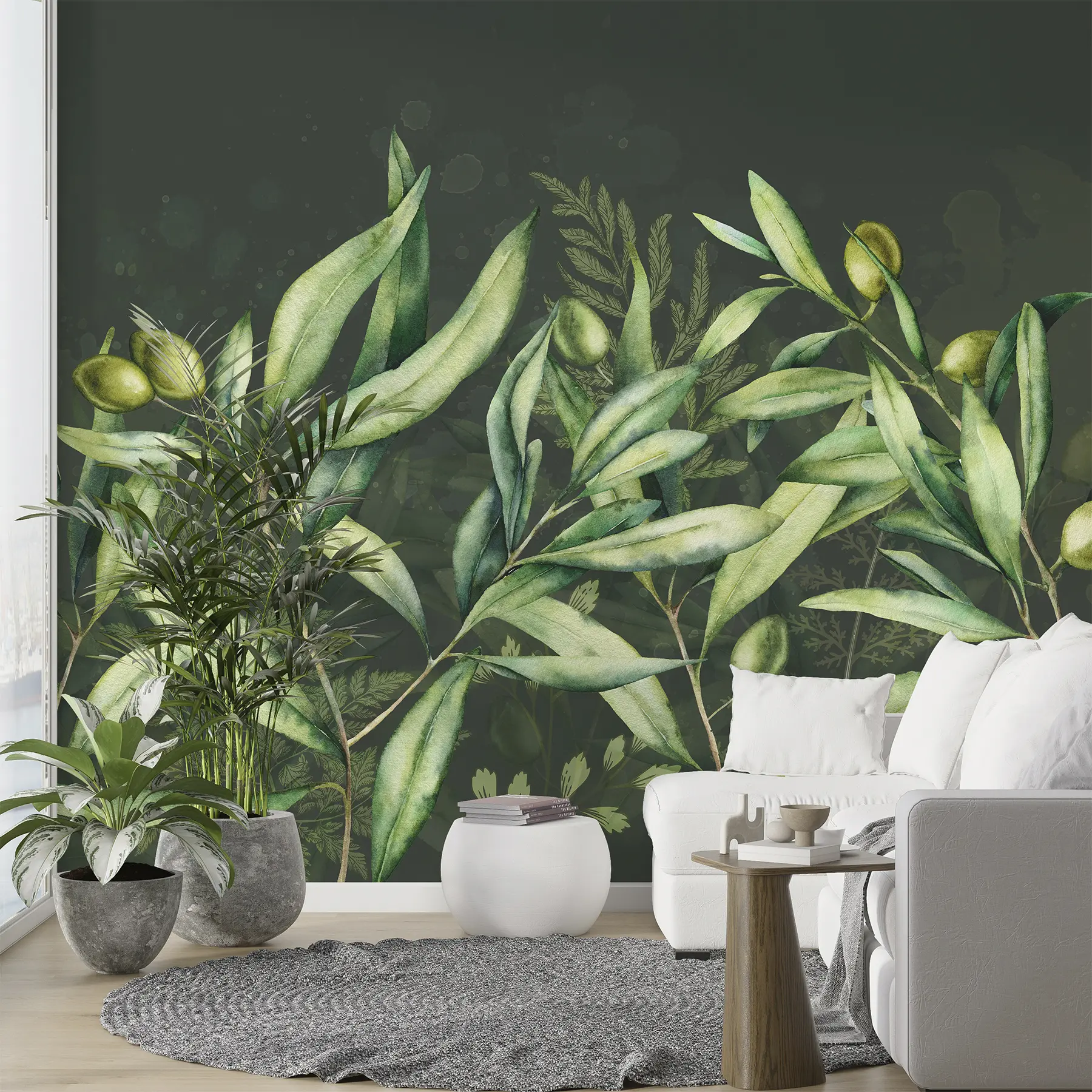 wall murals Илустрација маслина, цветни дизајн, тропска, акварел, велико лишће, тамна позадина  w00407v4