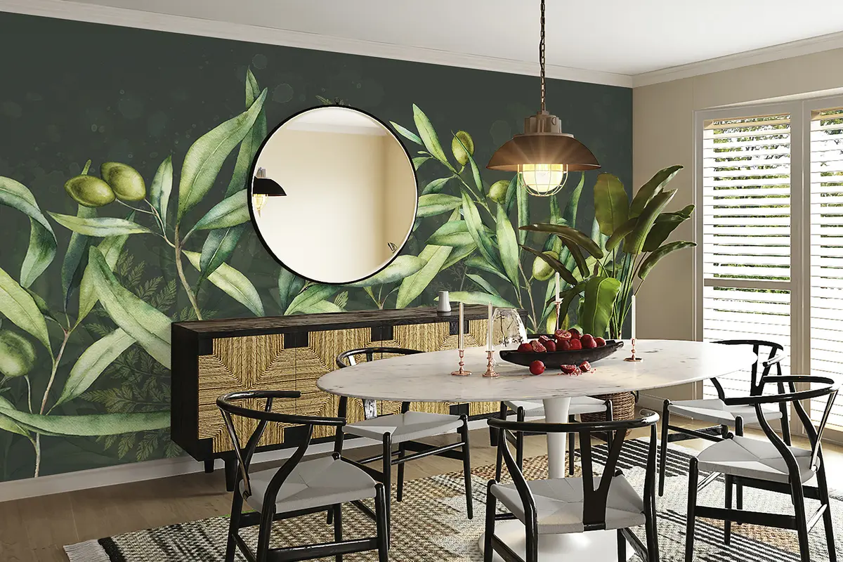 wall murals Илустрација маслина, цветни дизајн, тропска, акварел, велико лишће, тамна позадина  w00407v4