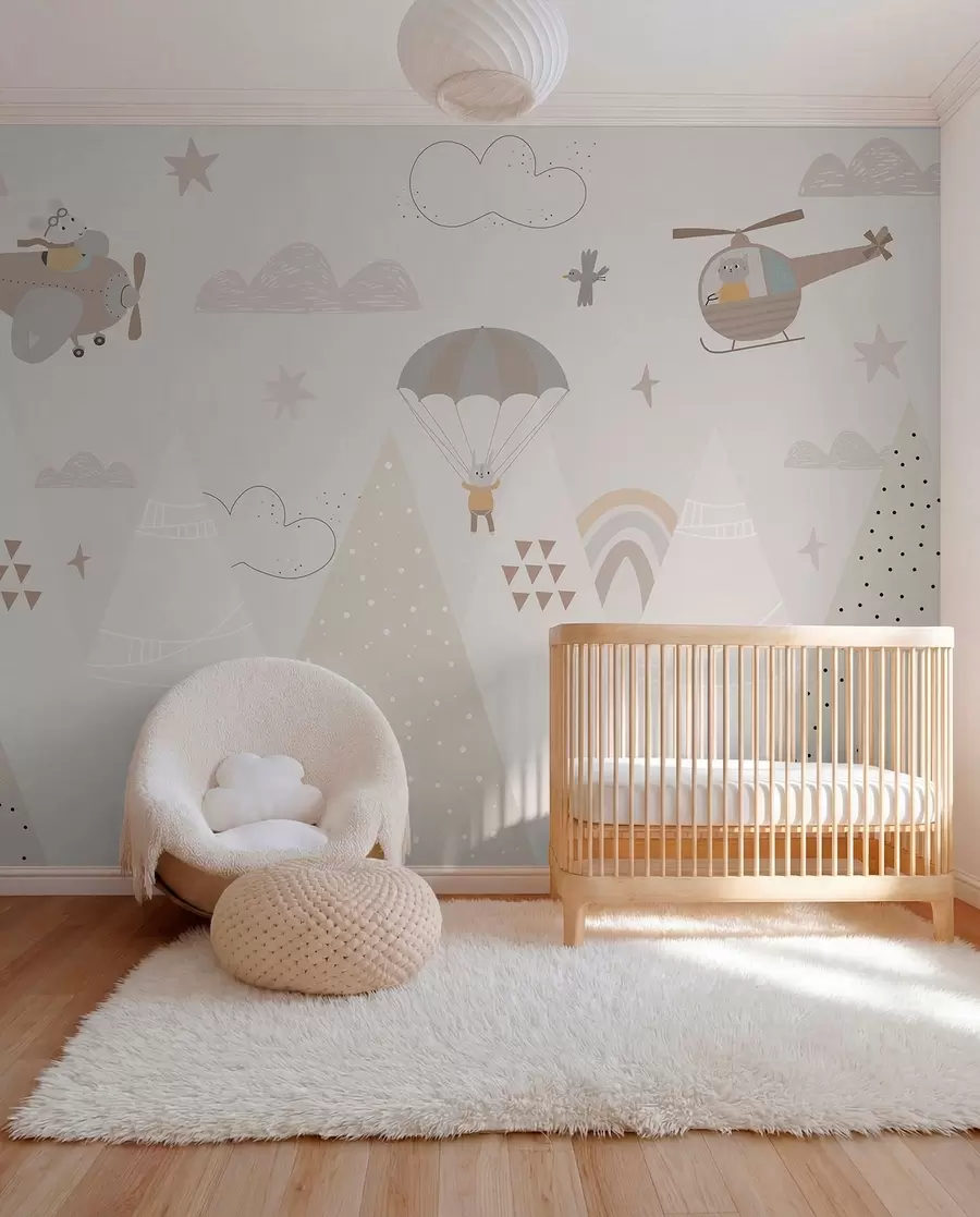 wall murals Беж планине са хеликоптером, авионом и животињама w00414