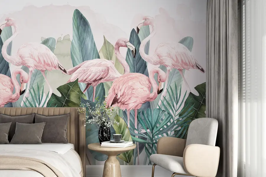 wall murals Фламингоси у тропским листовима, акварел, розе и зелене боје w00505