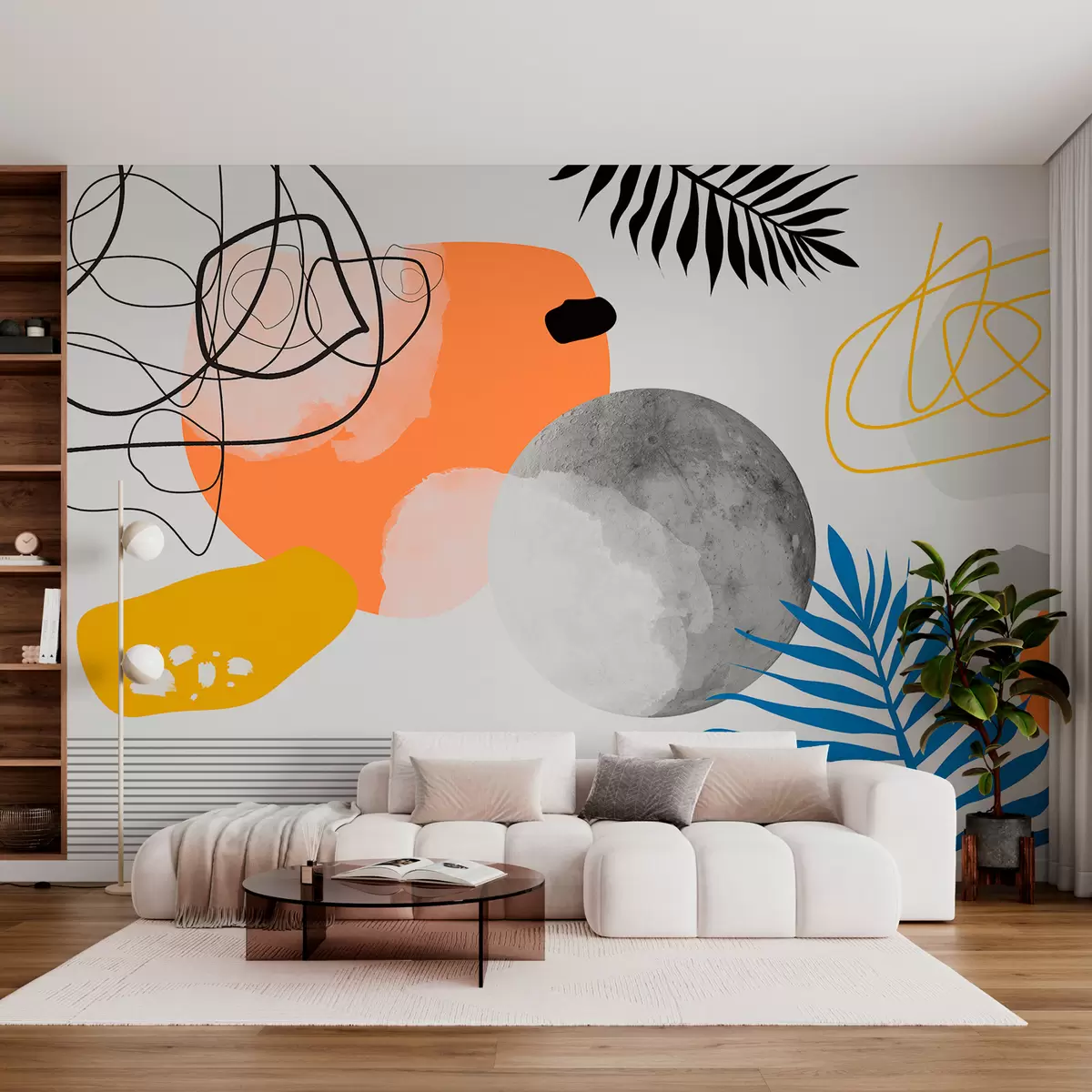 wall murals Апстрактно модерно, минимализам, бохо, геометрија, акварелне мрље, пун месец, силуета палминог листа, топографија, замршеност, наранџаста, жута, сива w00508