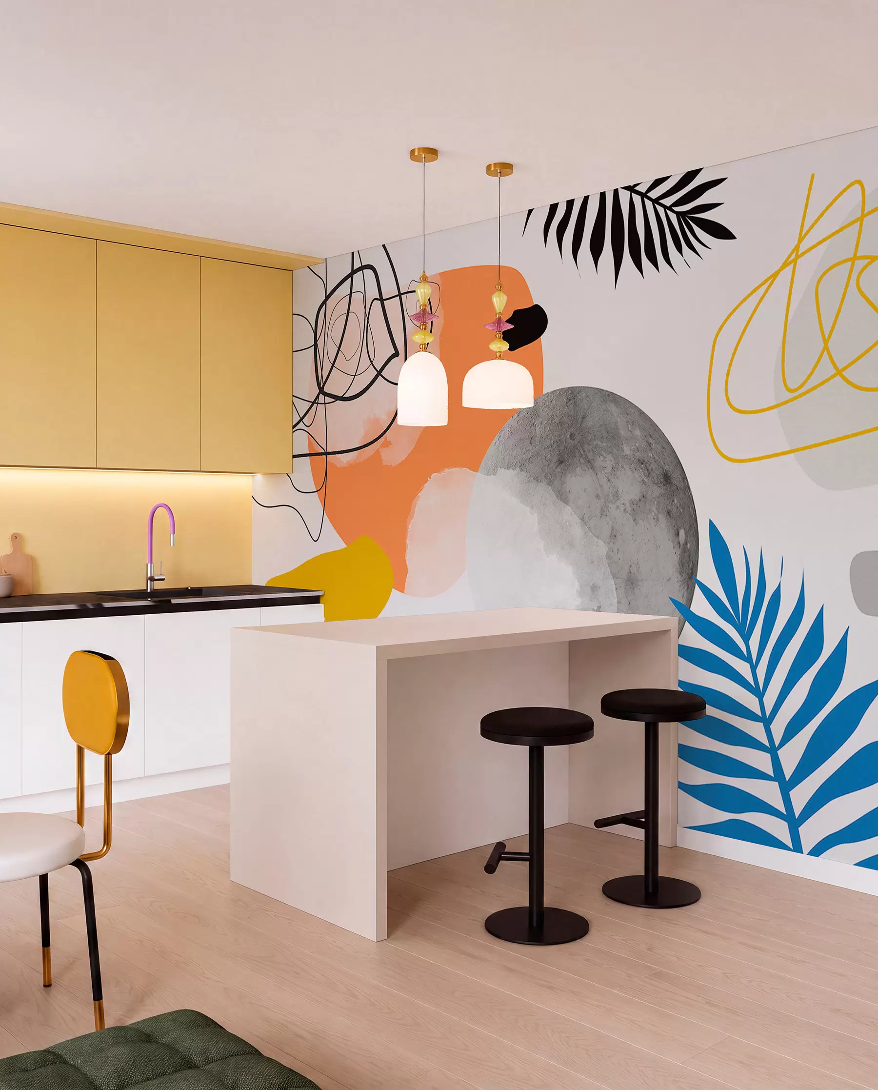 wall murals Апстрактно модерно, минимализам, бохо, геометрија, акварелне мрље, пун месец, силуета палминог листа, топографија, замршеност, наранџаста, жута, сива w00508
