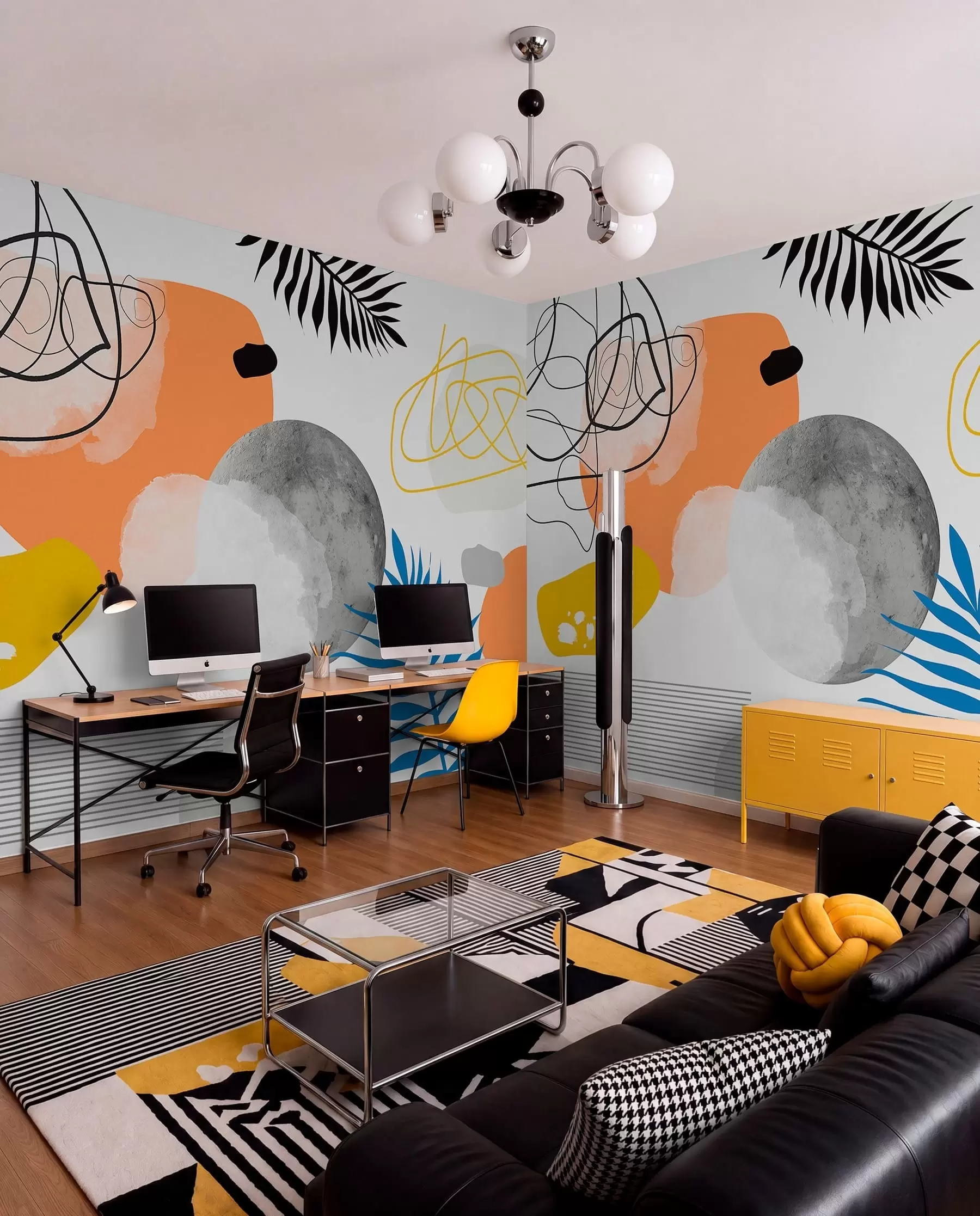 wall murals Апстрактно модерно, минимализам, бохо, геометрија, акварелне мрље, пун месец, силуета палминог листа, топографија, замршеност, наранџаста, жута, сива w00508