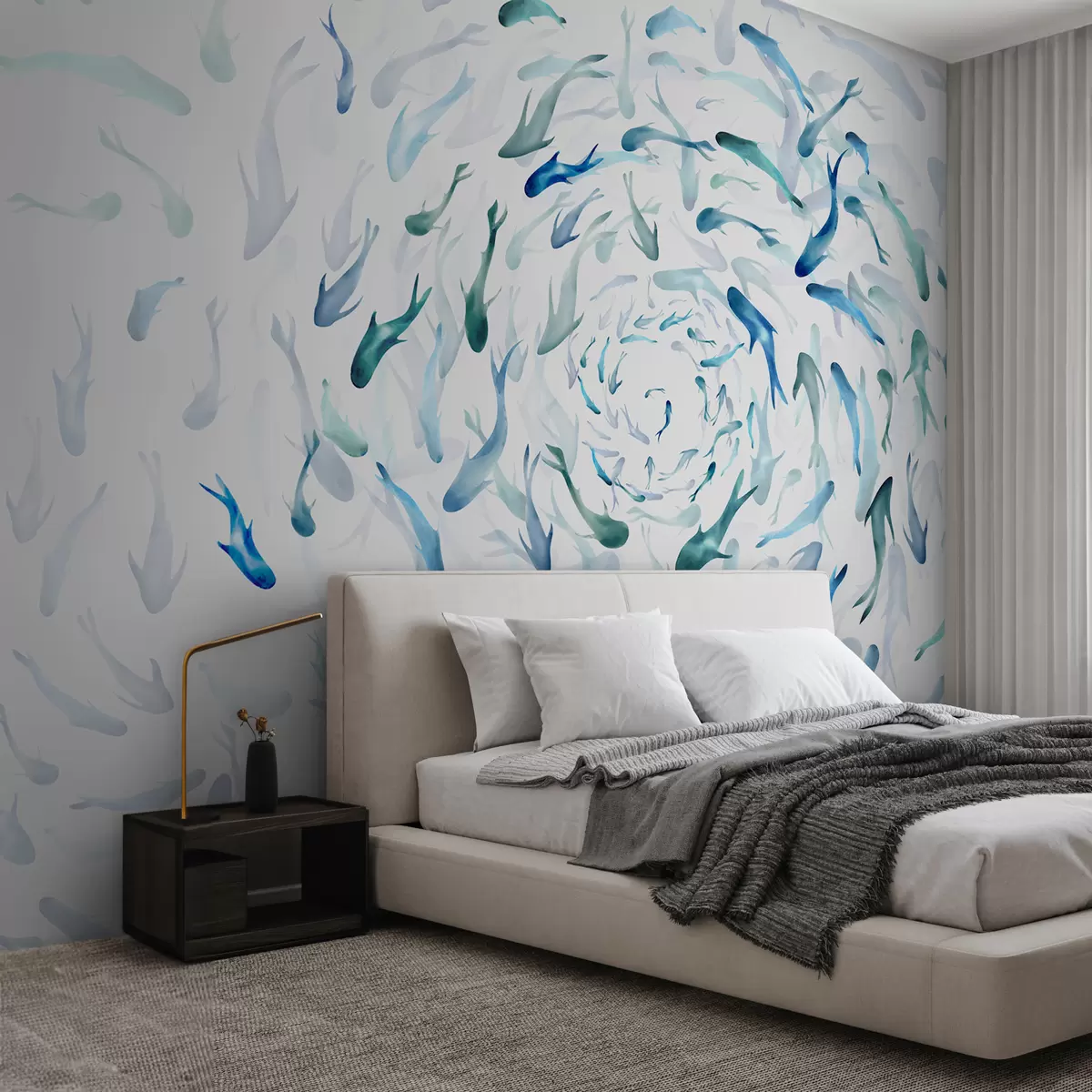 wall murals Риба која се ковитла у вртлогу, рибљи плес, акварел, ајкула, апстрактна композиција, минимализам, плава, зелена боја w00510