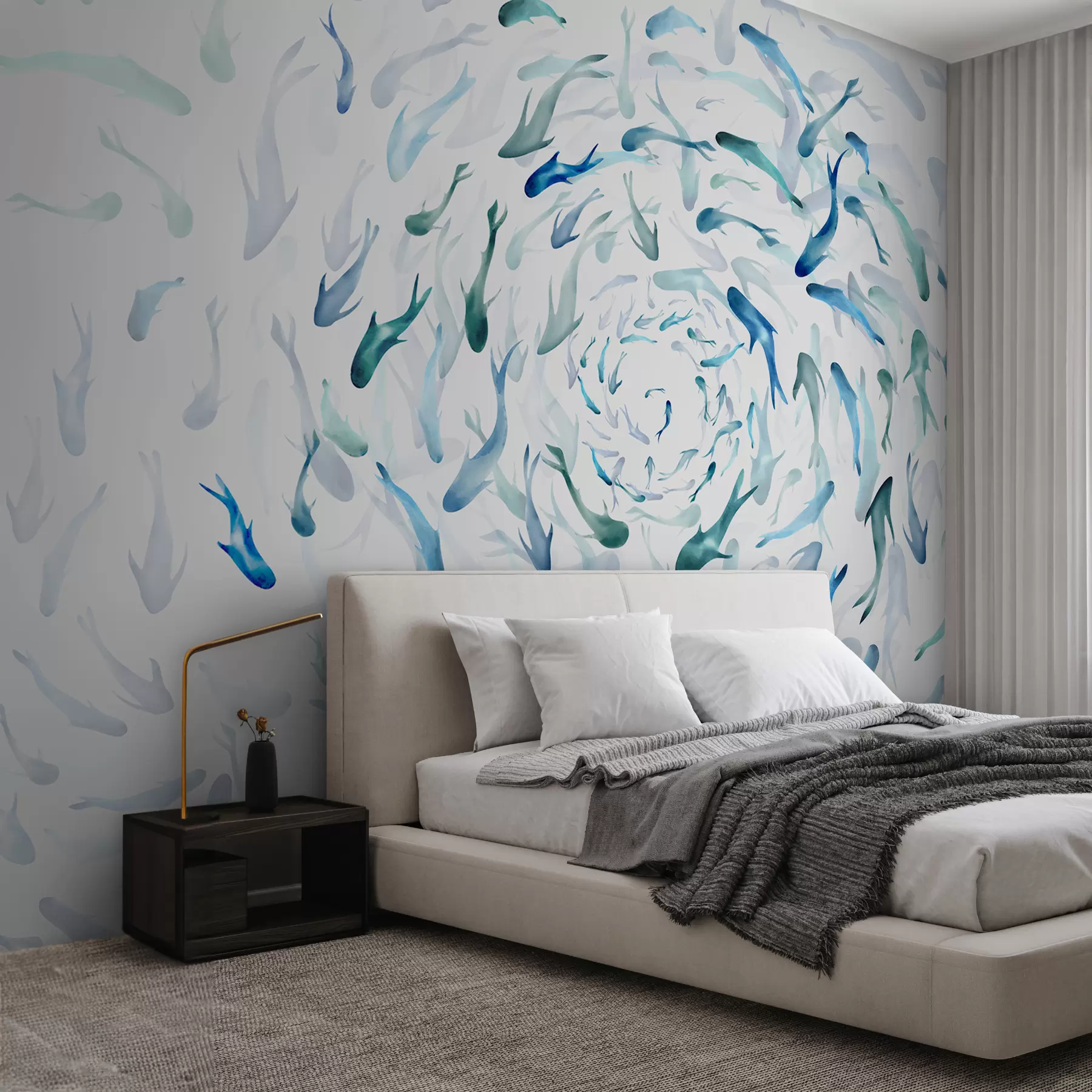 wall murals Риба која се ковитла у вртлогу, рибљи плес, акварел, ајкула, апстрактна композиција, минимализам, плава, зелена боја w00510