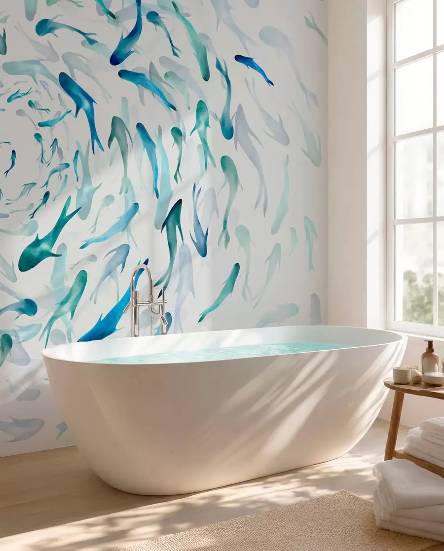 wall murals Риба која се ковитла у вртлогу, рибљи плес, акварел, ајкула, апстрактна композиција, минимализам, плава, зелена боја w00510