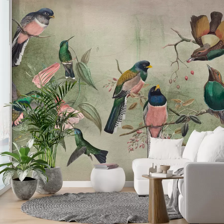 wall murals Група шарених птица седела је на гранама у текстурираној позадини w00543