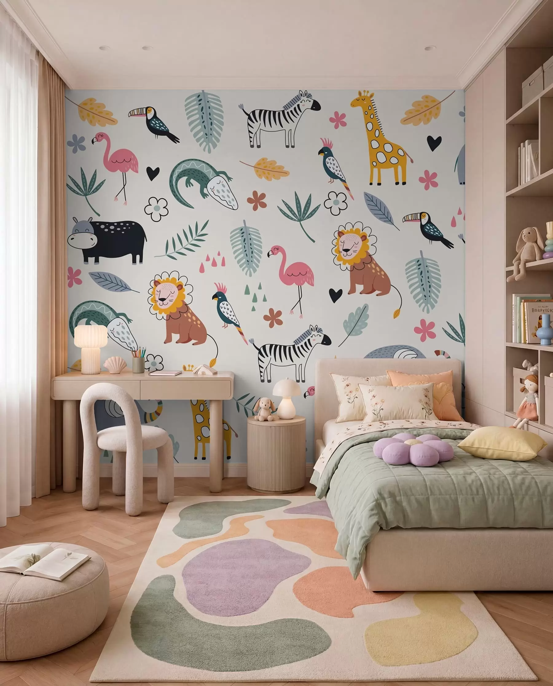 wall murals животиње, лавови, жирафе, слонови, лишће, соба за бебе w00555