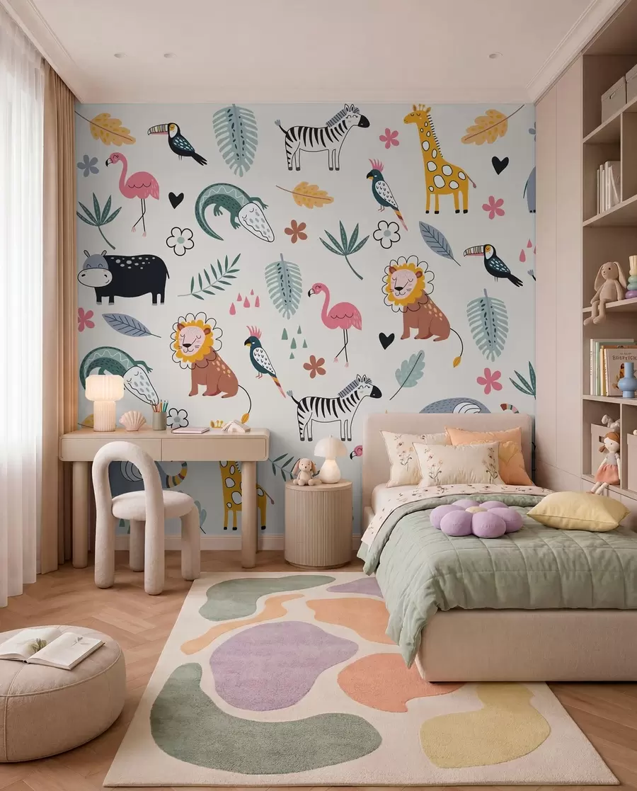 wall murals животиње, лавови, жирафе, слонови, лишће, соба за бебе w00555