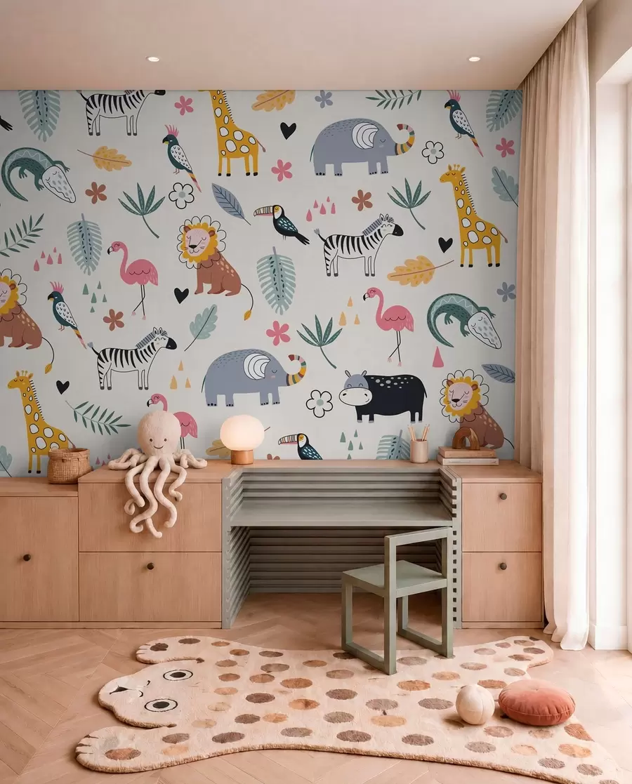 wall murals животиње, лавови, жирафе, слонови, лишће, соба за бебе w00555