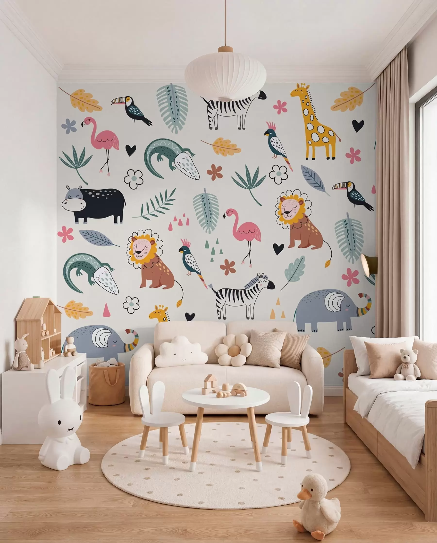 wall murals животиње, лавови, жирафе, слонови, лишће, соба за бебе w00555