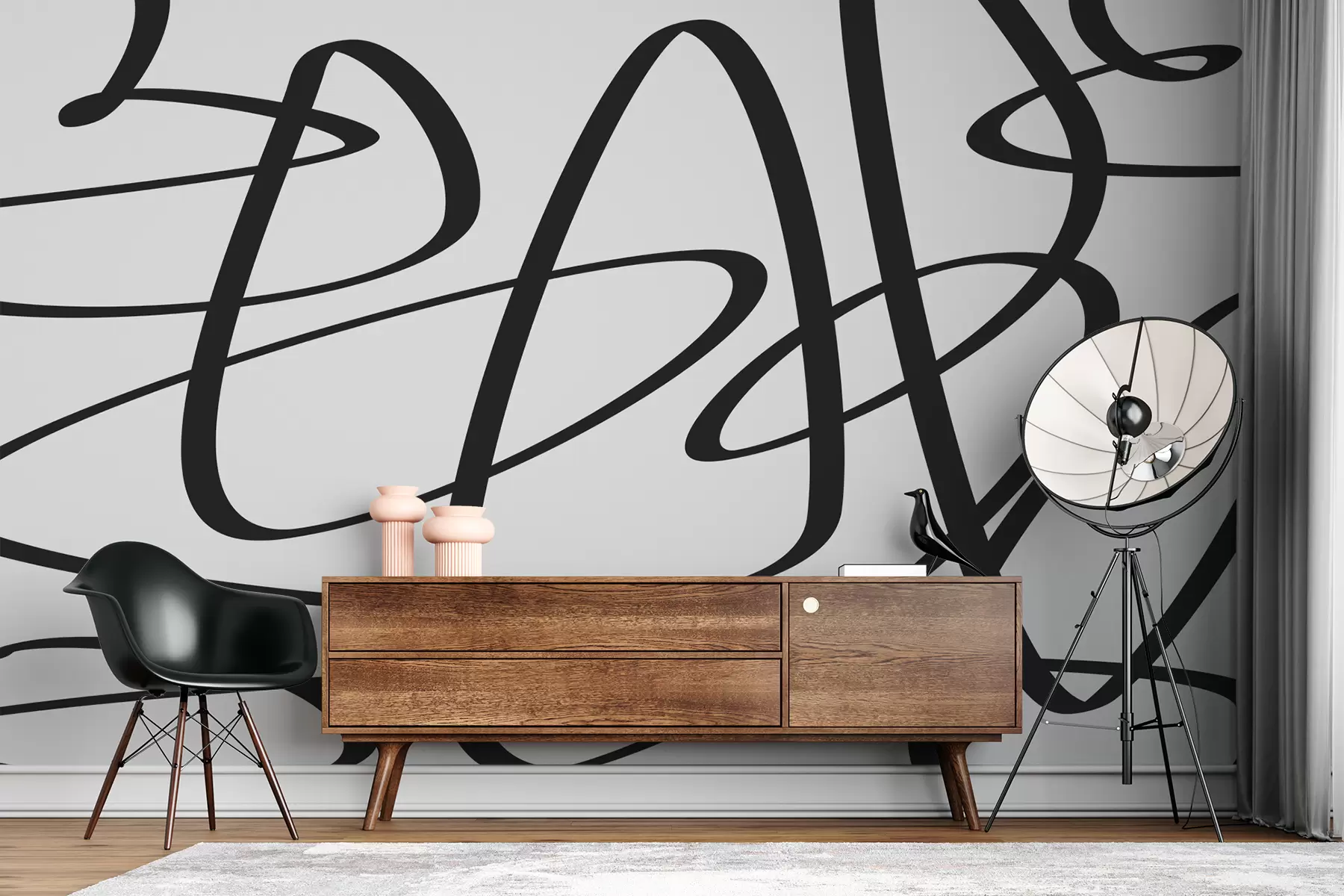 wall murals Црна крива континуирана уврнута линија, мастило, апстрактно w00583