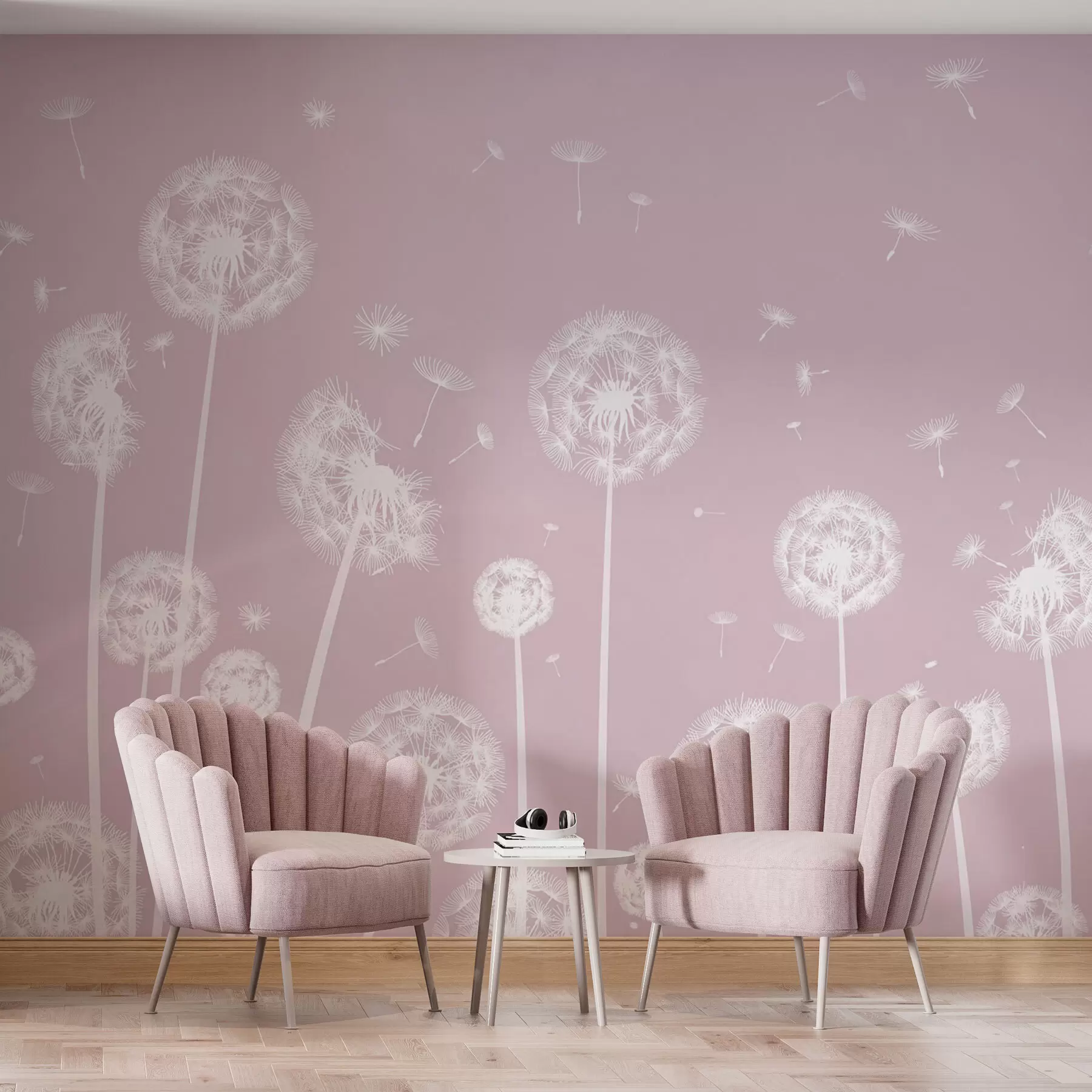 wall murals Поље маслачака са светлом шареном позадином ружичасте боје w00657v1
