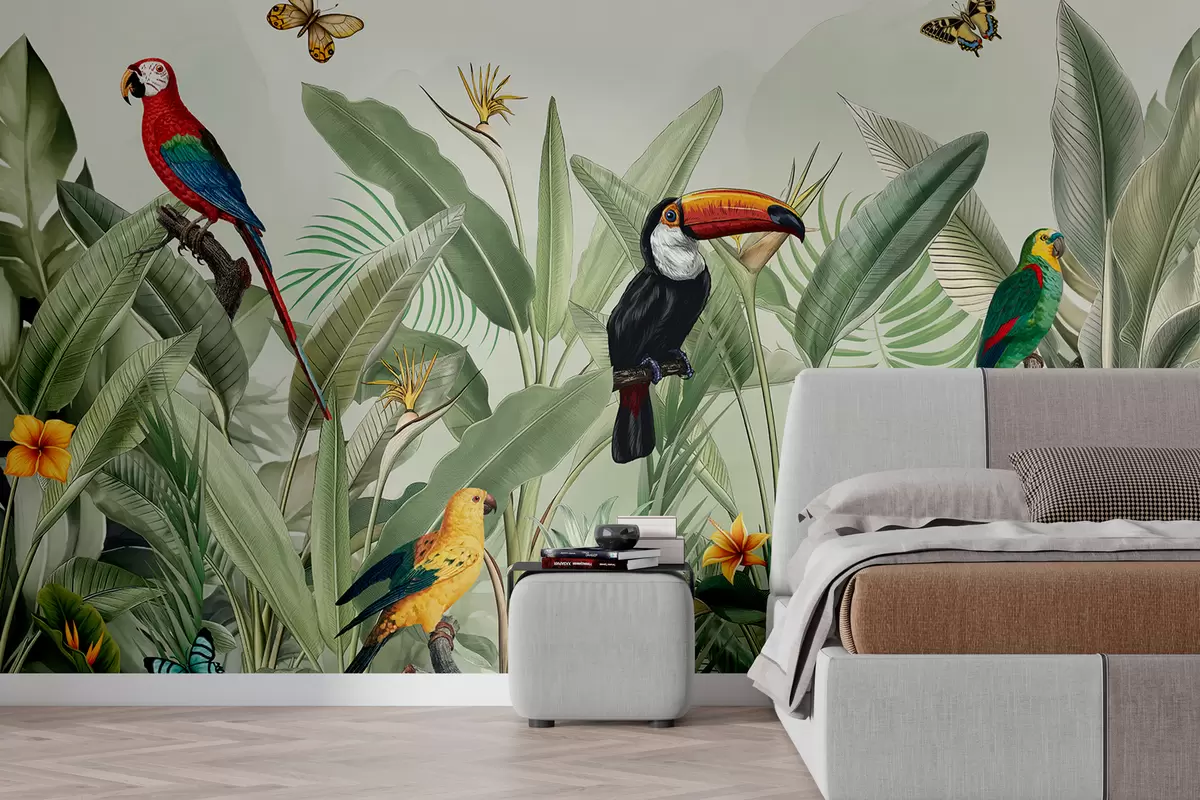 wall murals Егзотичне птице на лишћу сивог стропијума w00635