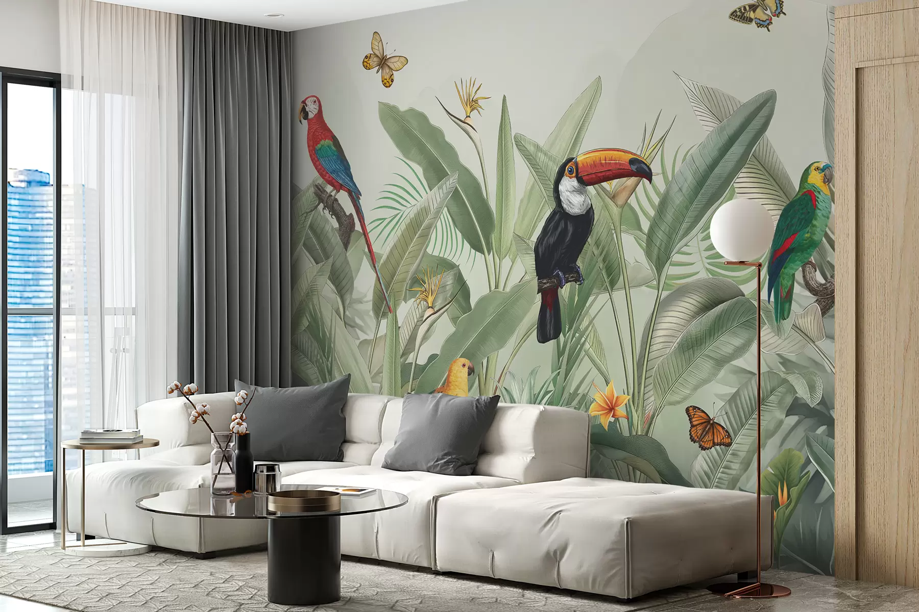 wall murals Егзотичне птице на лишћу сивог стропијума w00635