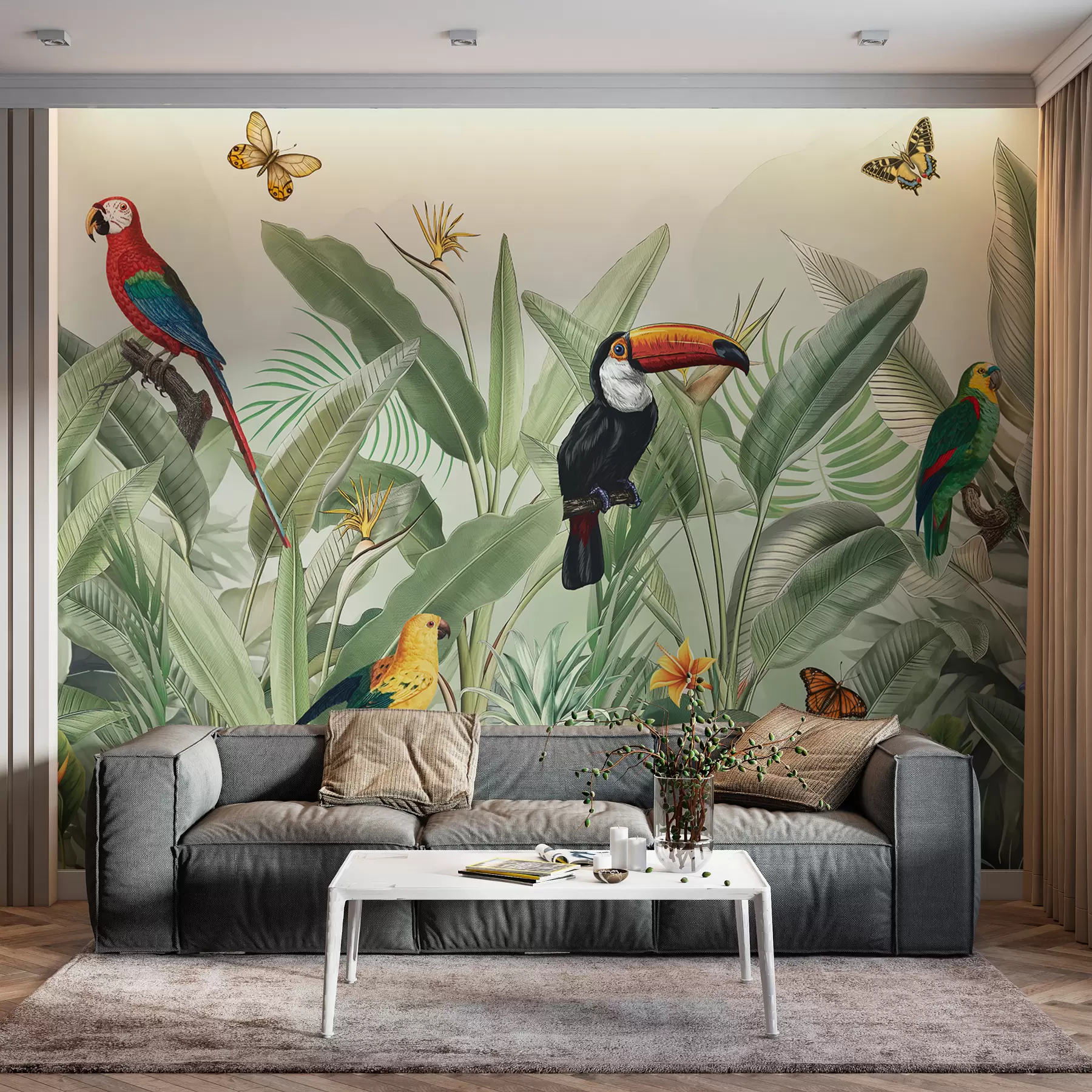 wall murals Егзотичне птице на лишћу сивог стропијума w00635