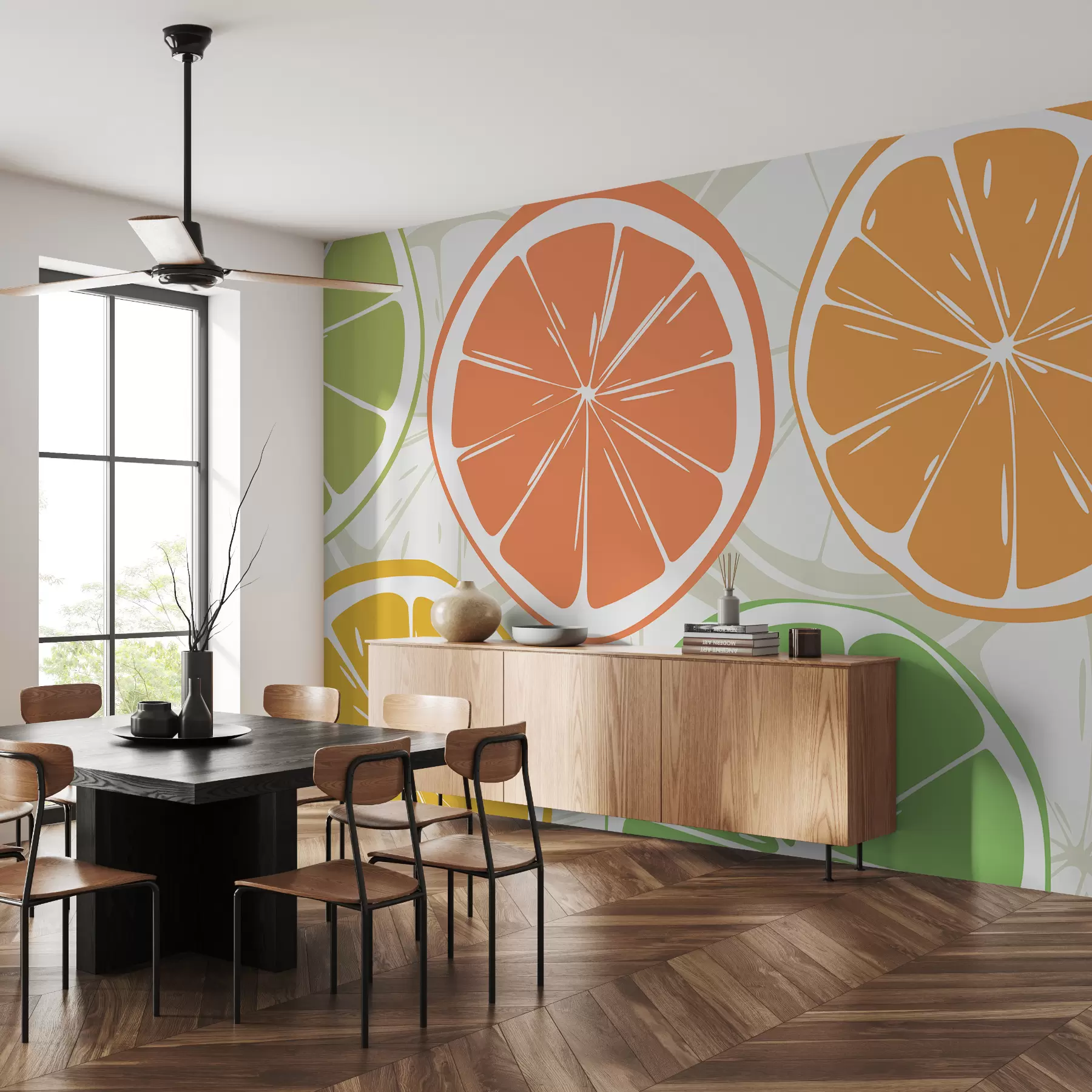 wall murals Цитруси, наранџа, лимета, кришке грејпфрута, спот, апстракција, воће, црвена, наранџаста, зелена w00725