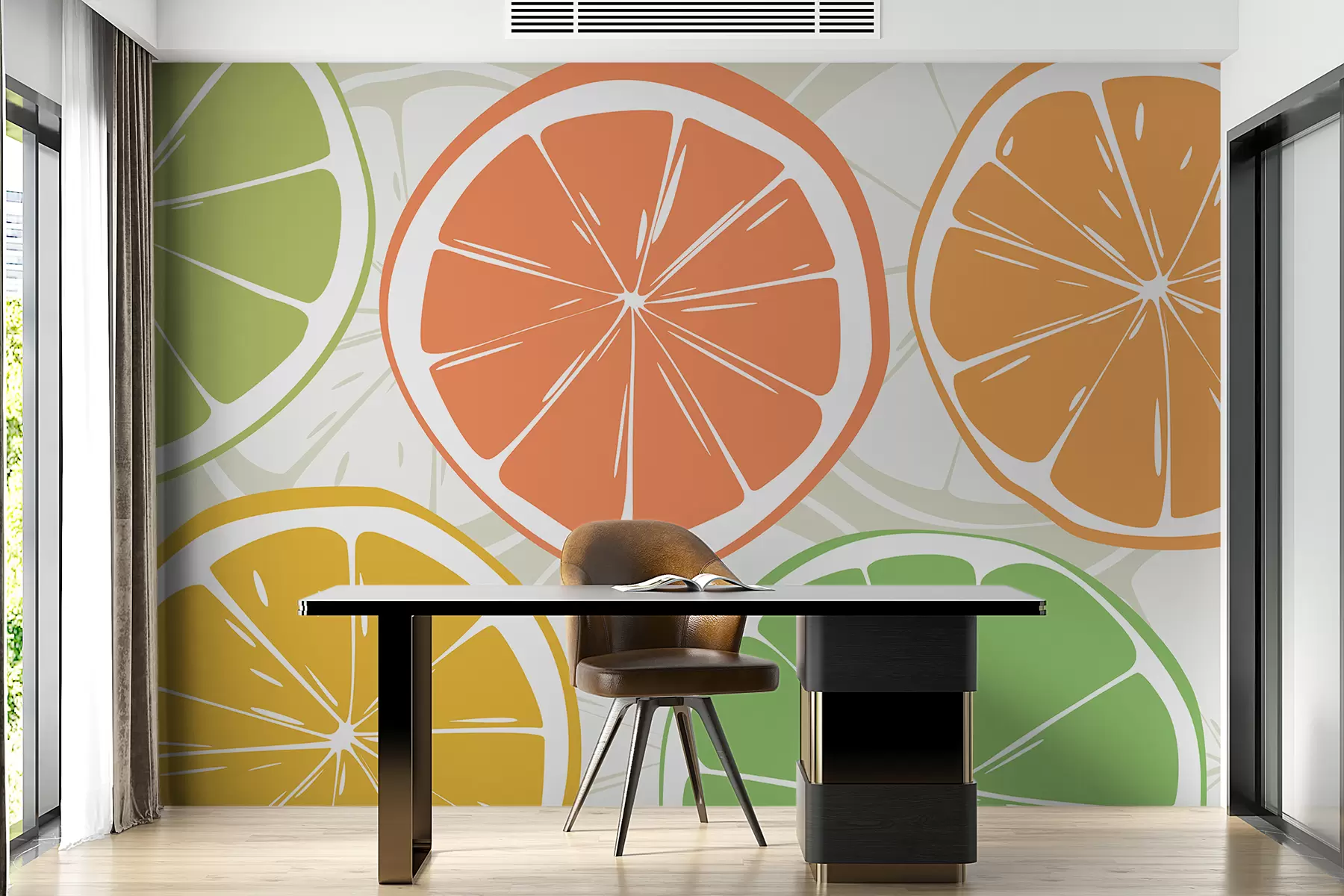 wall murals Цитруси, наранџа, лимета, кришке грејпфрута, спот, апстракција, воће, црвена, наранџаста, зелена w00725