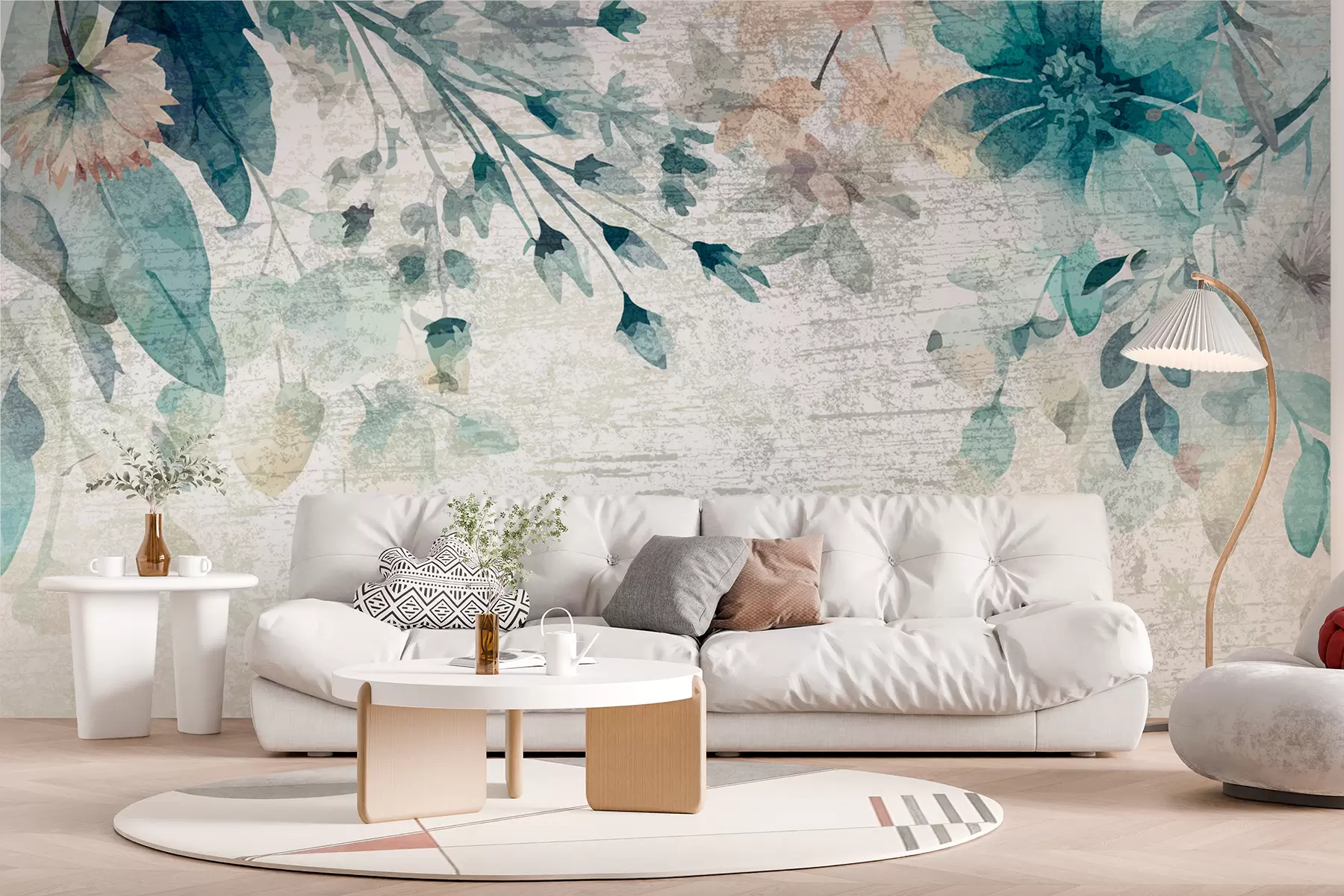 wall murals Велики плави и бели цветови, листови и гране уз зид са текстуром w00697