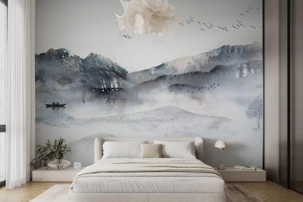 wall murals Пејзаж са планинама у позадини, са неколико стабала видљивих у првом плану спокојан  w00707